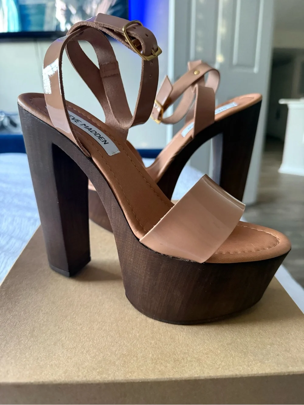 Steve Madden Blush Patent Platform Sandals with Wood Block Heel